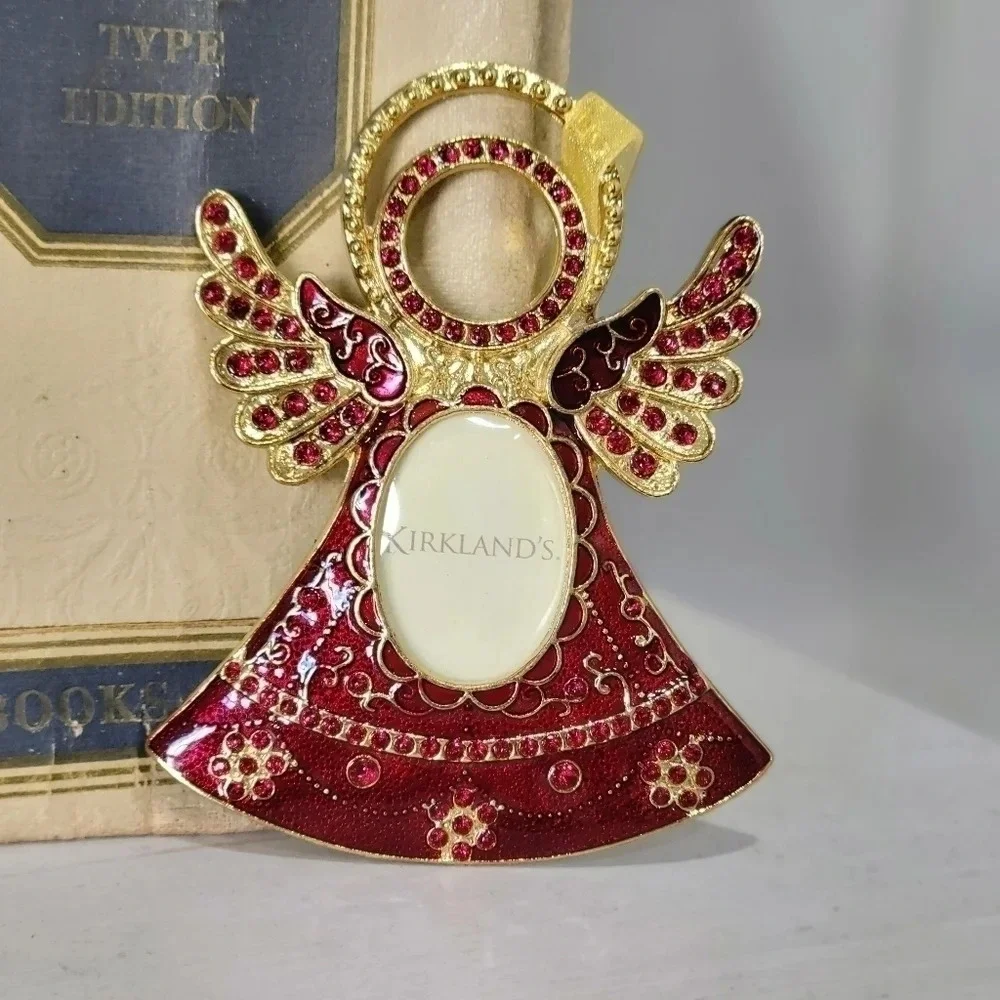 Kirkland's Gold Red Rhinestone Angel Photo Frame Christmas Tree Ornament Vintage
